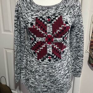 Black and White Knit Sweater with Red Pattern